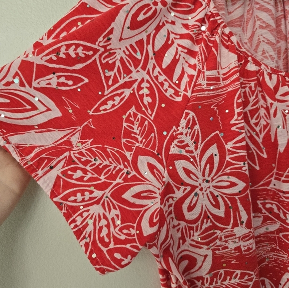CATHY DANIELS Women's Blouse Floral Red Bling Shirt Size 3X Easter - Picture 2 of 9